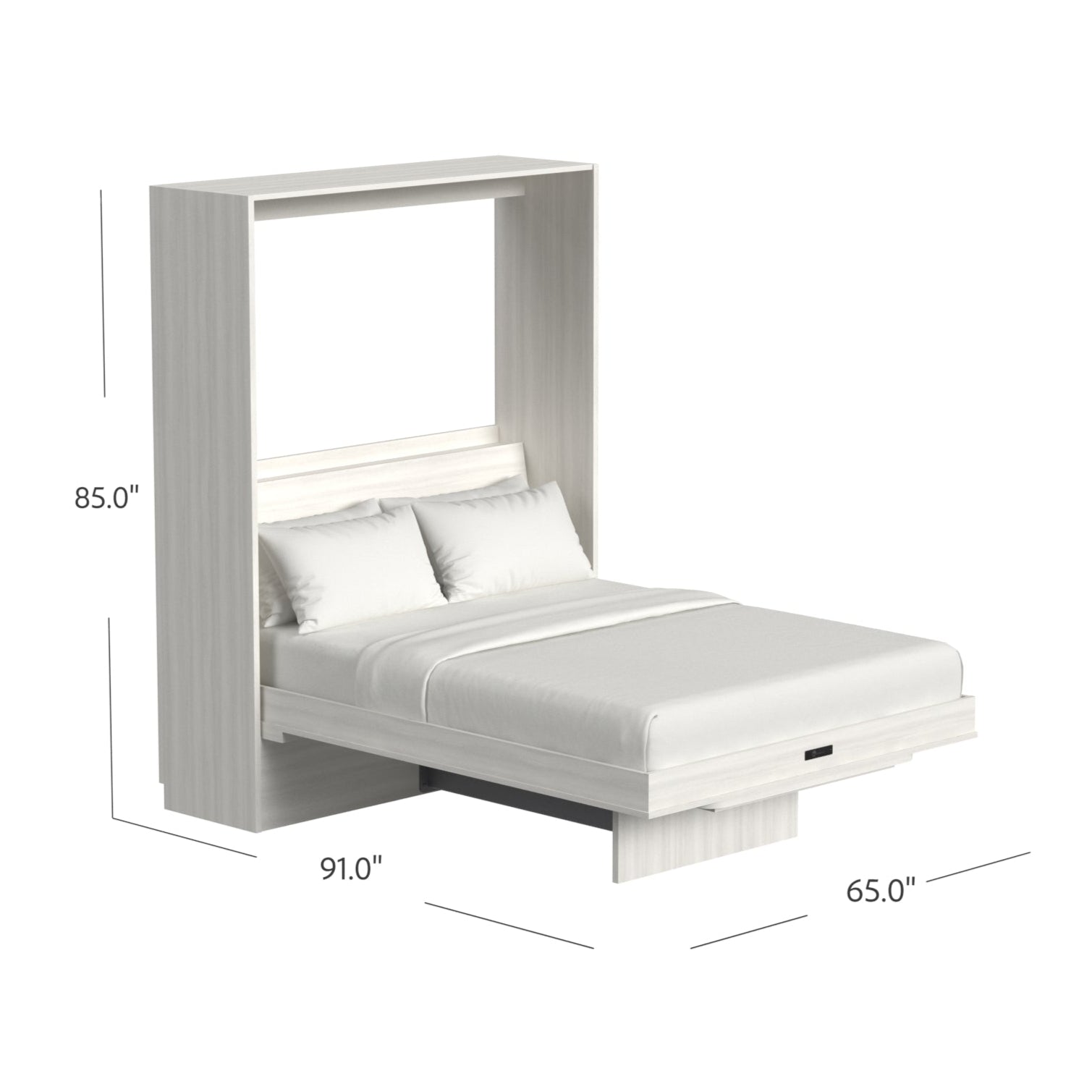 White wall-mounted bed with dimensions displayed on a white background