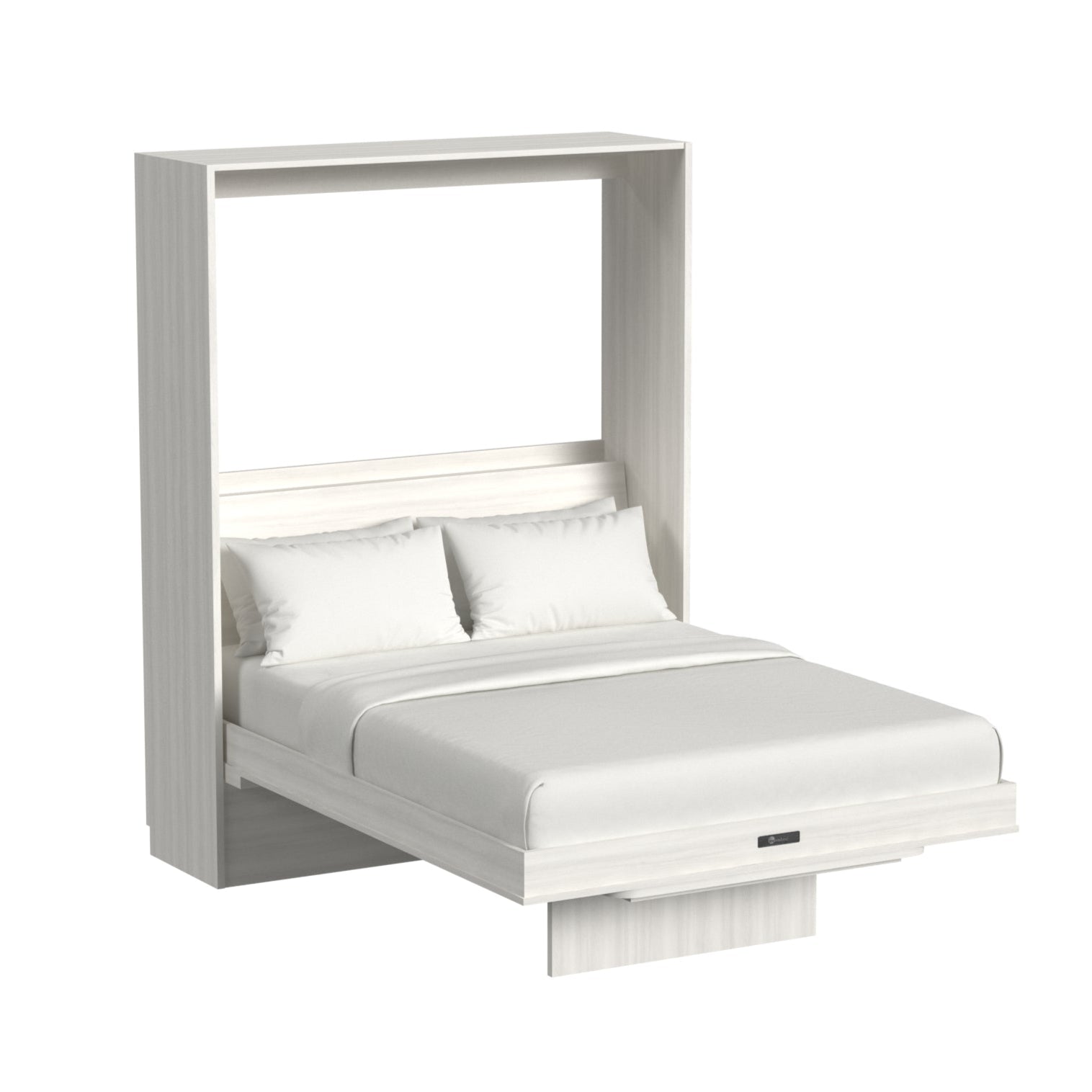 White wall-mounted bed with folded mattress on a white background