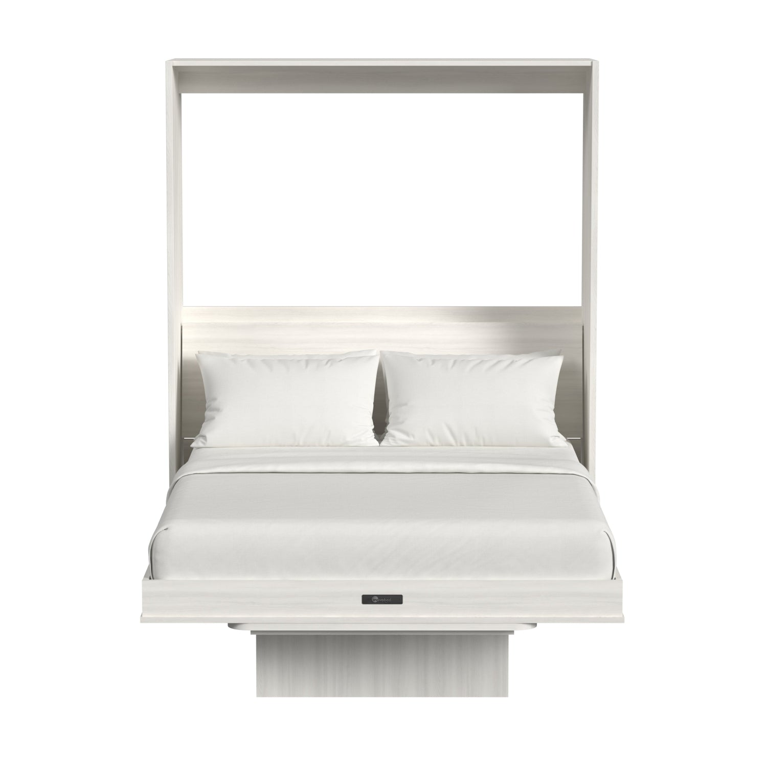 White bed with a minimalist design on a white background