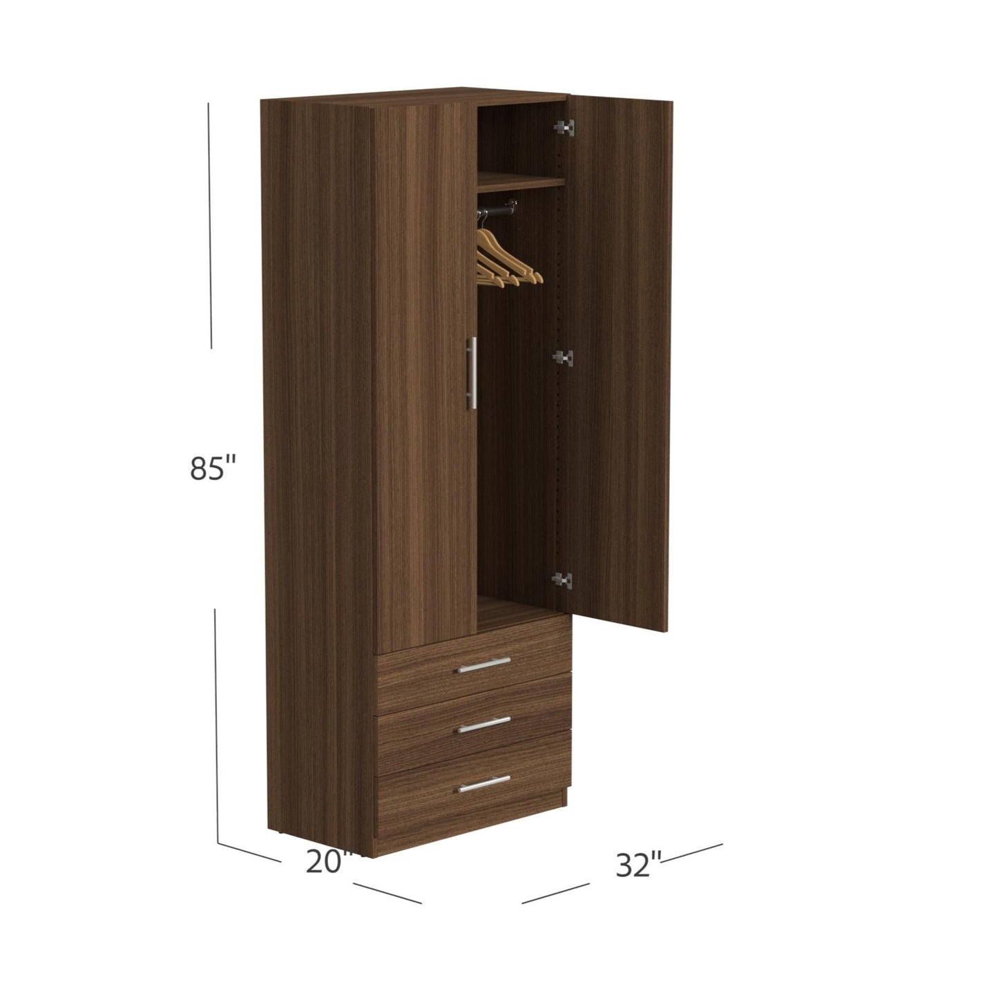 Wooden wardrobe with open doors and dimensions on a white background