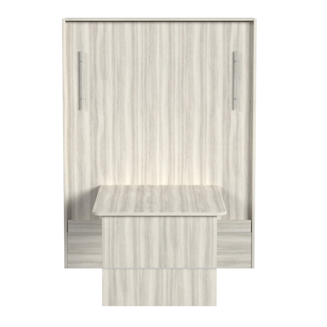Wall-mounted bed with desk in light wood finish on a white background