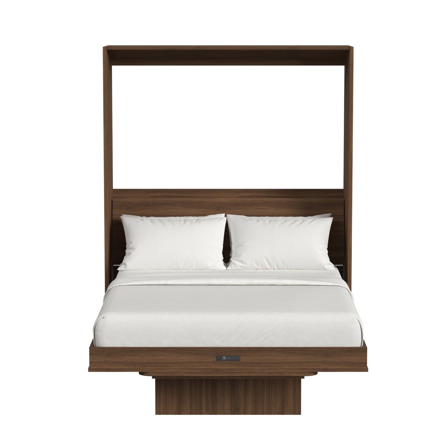 Wooden murphy bed with white mattress and pillows on a white background