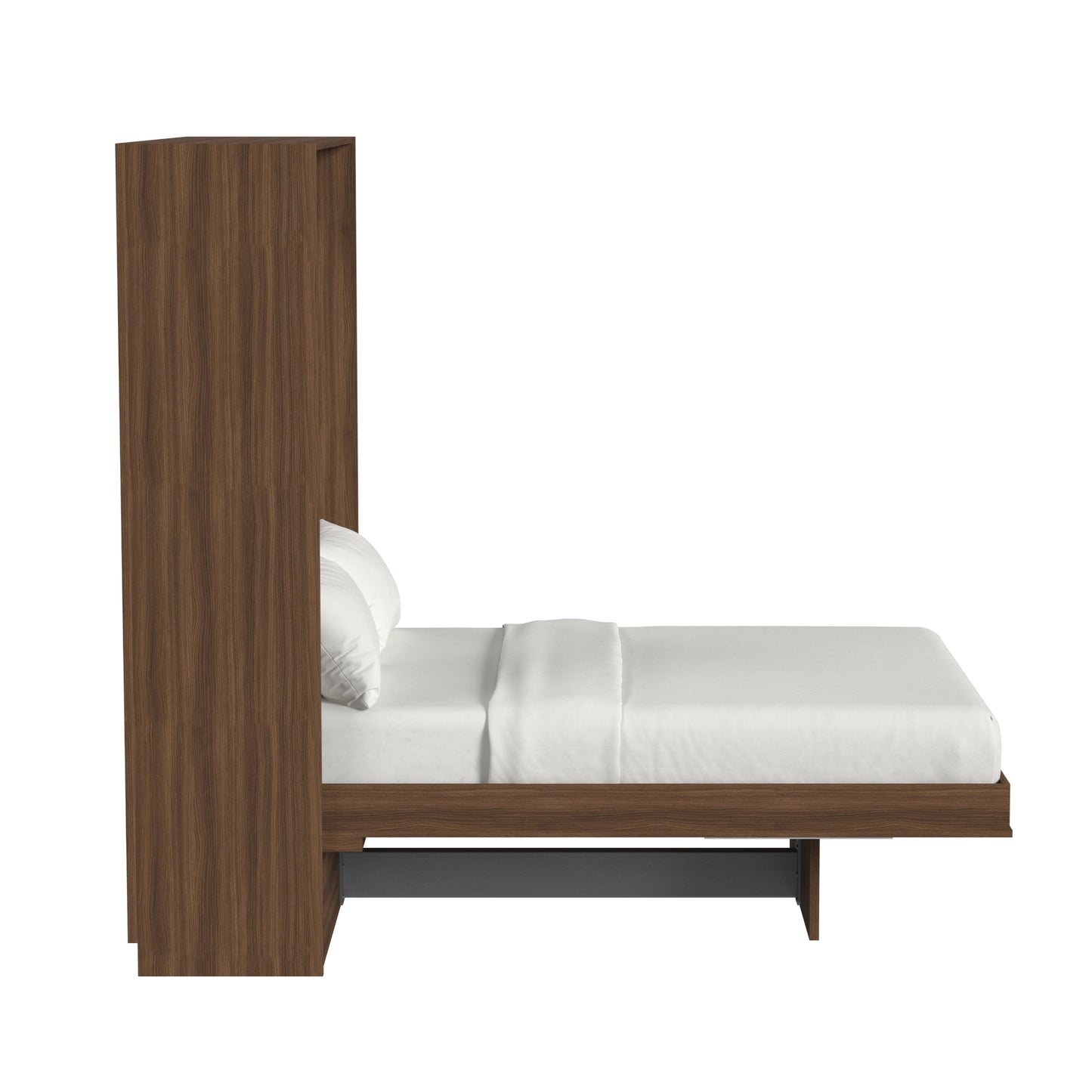 Wooden bed frame with white bedding on a white background