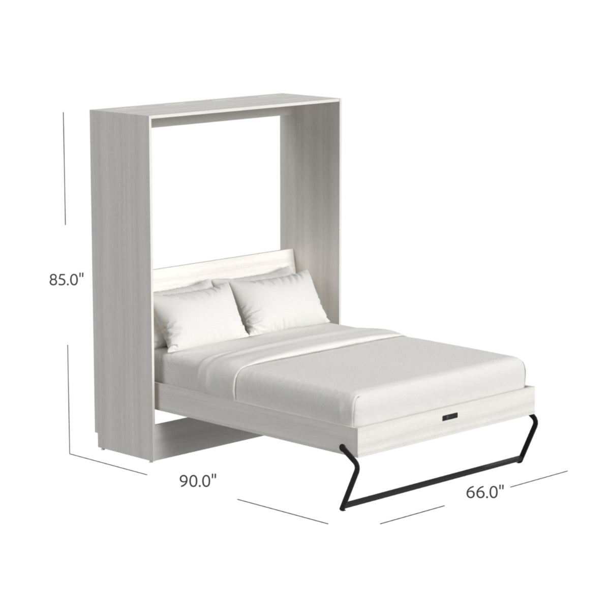 White wall-mounted bed with dimensions displayed on a white background
