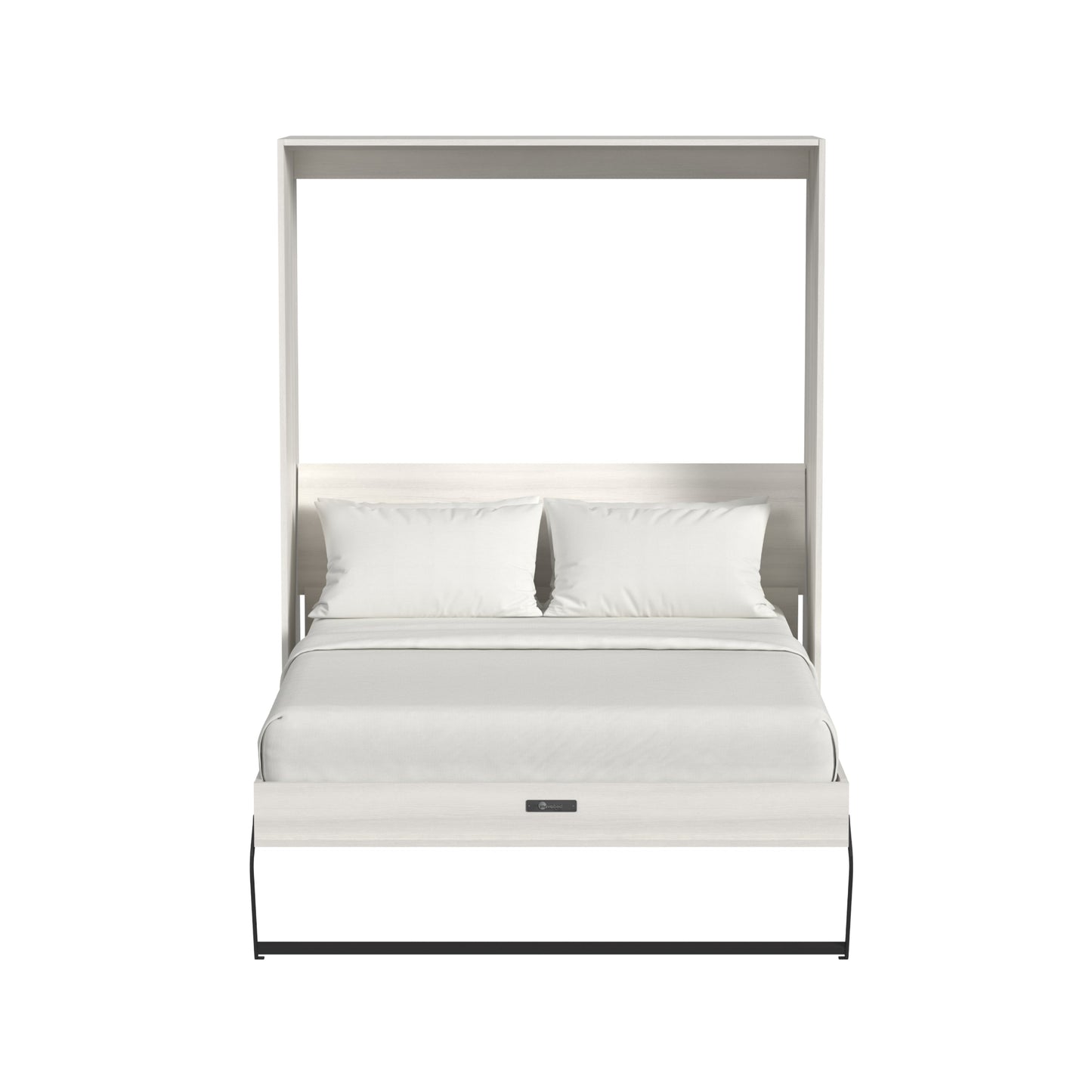 Modern bed with metal frame and white bedding on a white background
