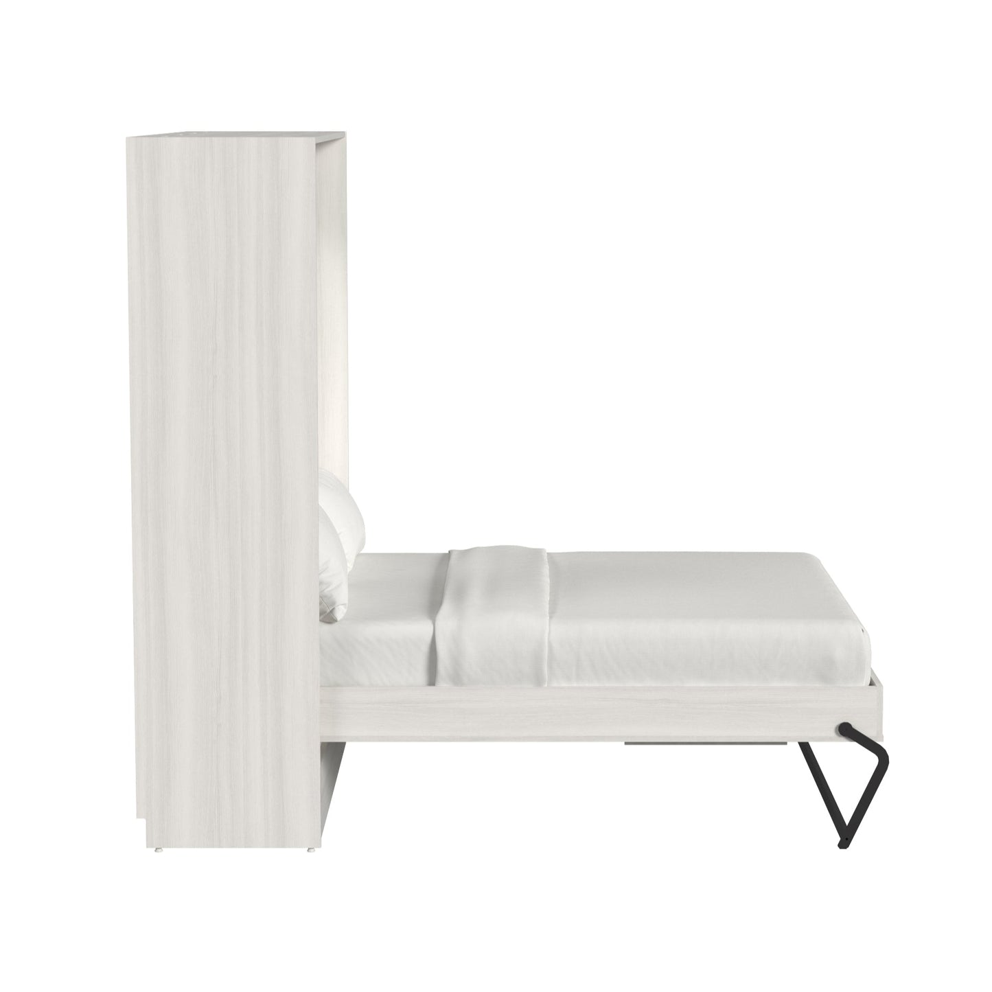 White wall-mounted bed with a black support leg on a white background