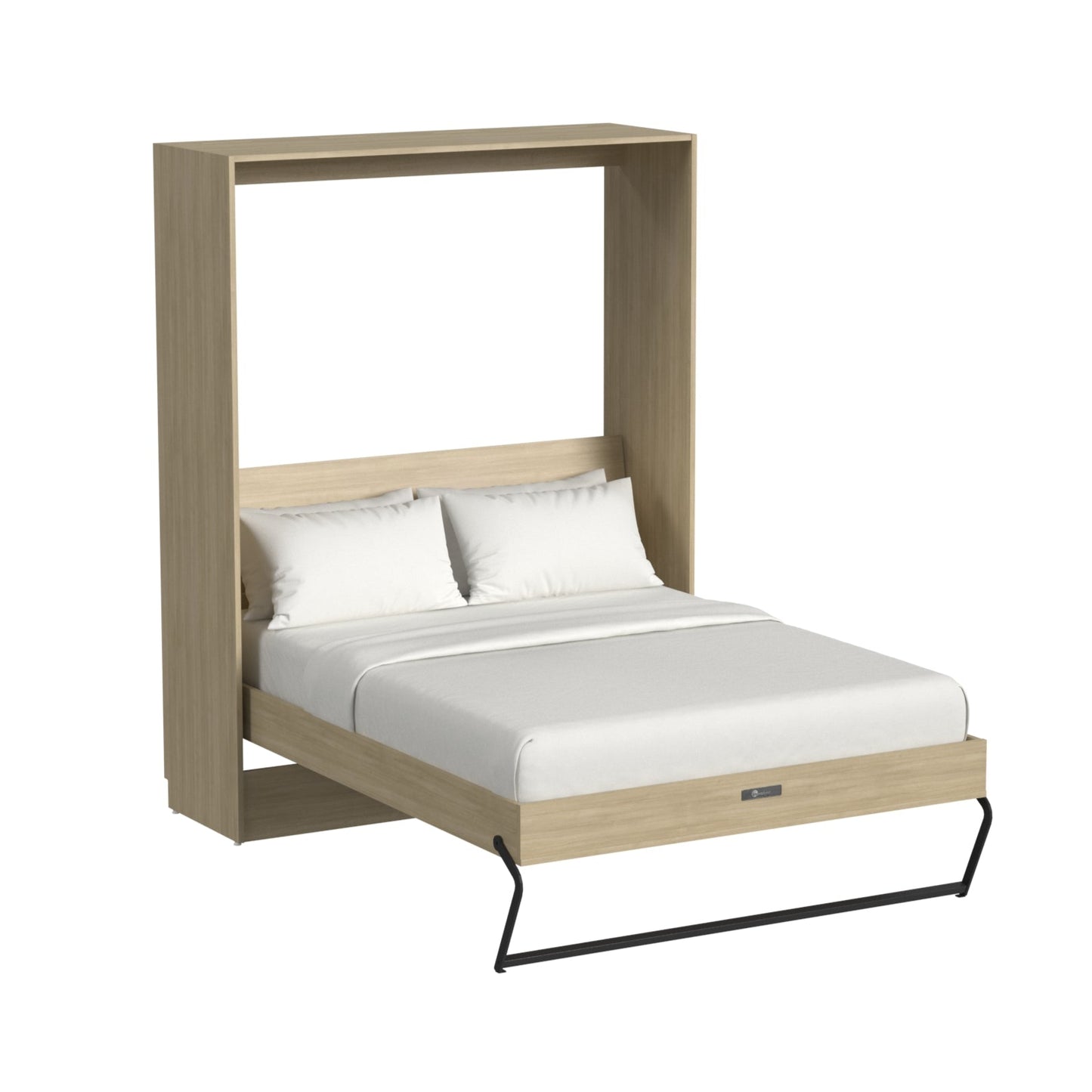 Foldable bed with wooden frame and white mattress on a white background