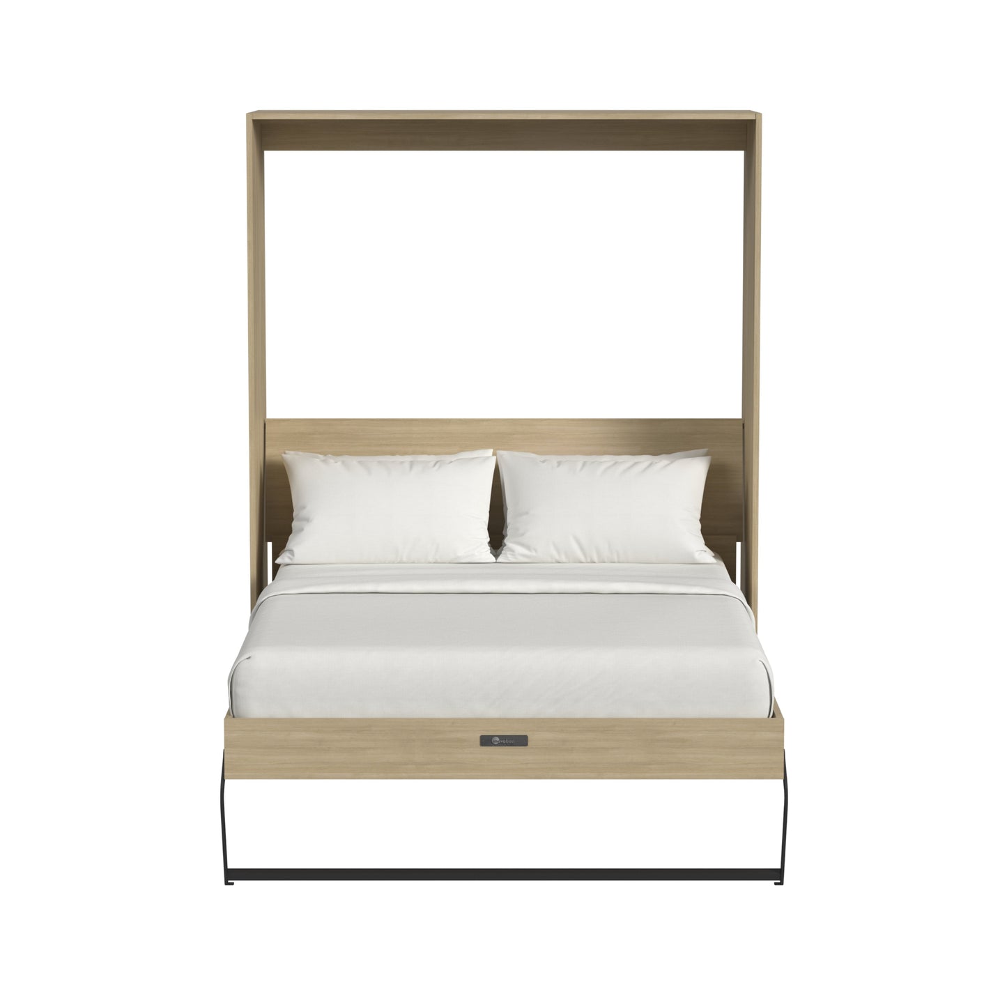 Wooden bed frame with white bedding on a white background