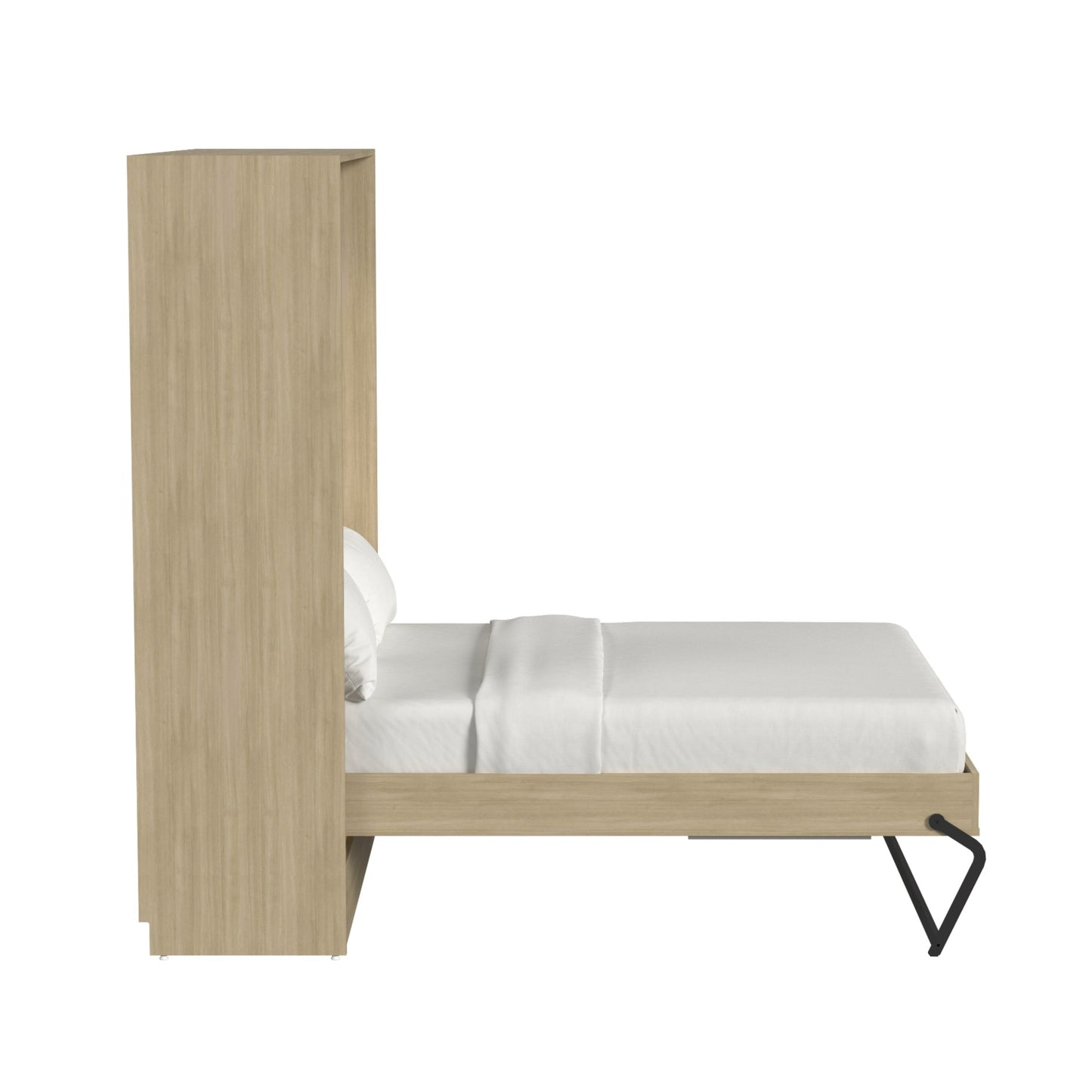 Wooden bed with white bedding on a white background