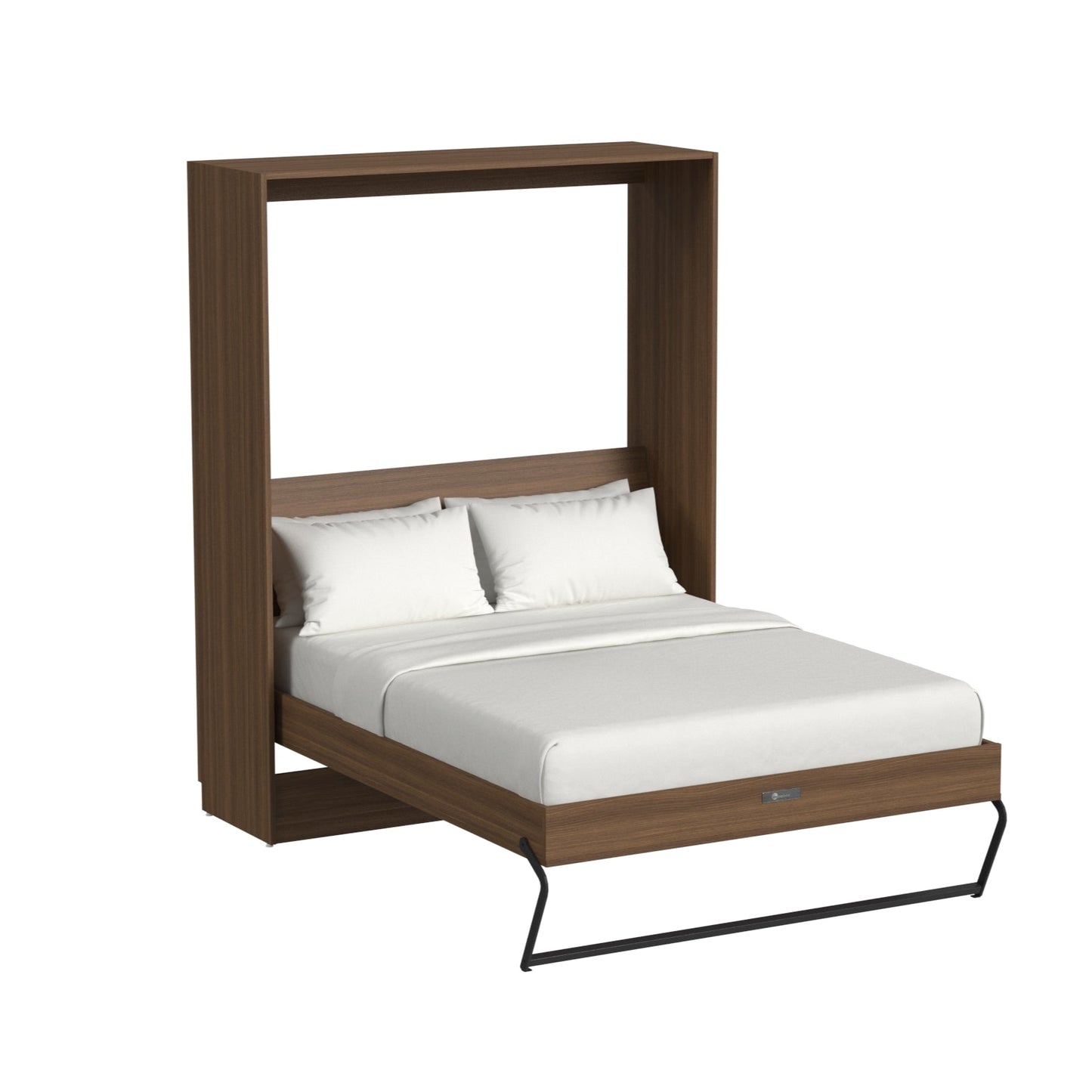 Wooden Murphy bed with white bedding on a white background