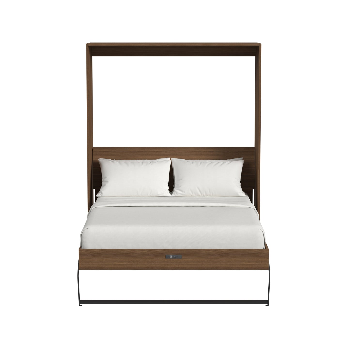 Wooden bed frame with white bedding on a white background