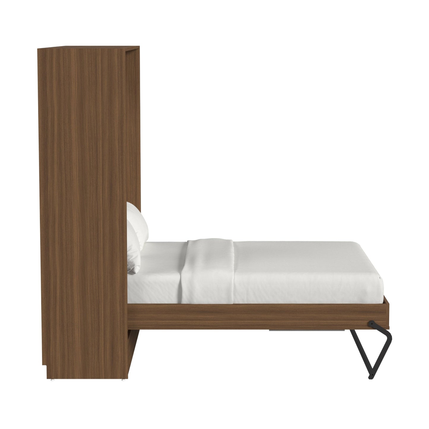Wooden bed with white bedding on a white background