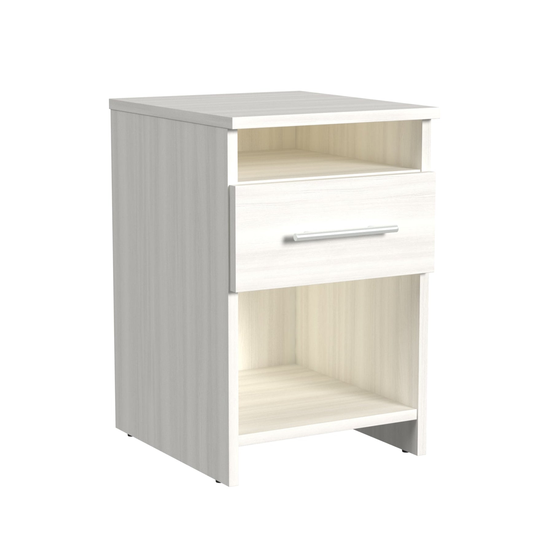 White nightstand with a drawer and open shelf on a white background