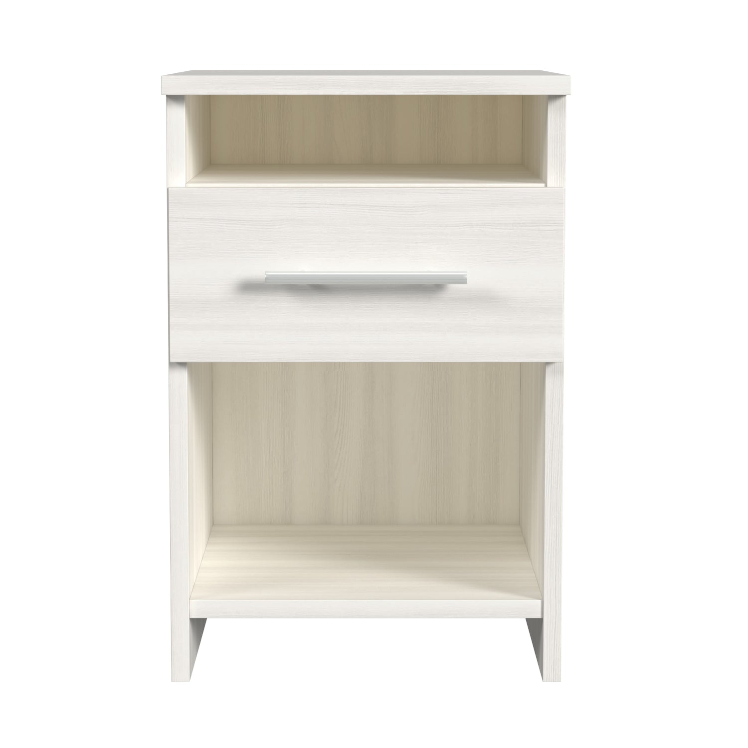 White and beige nightstand with a drawer on a white background