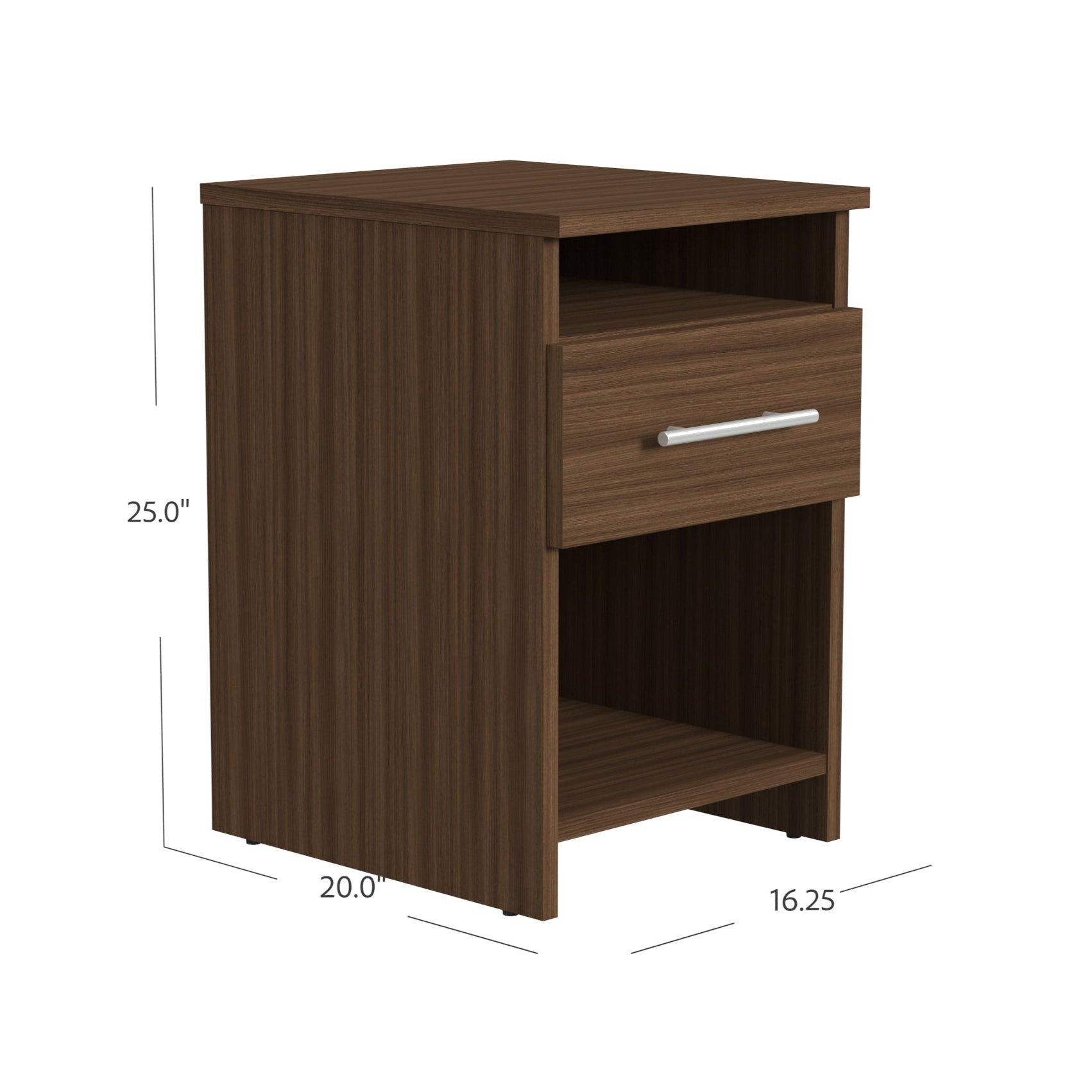 Wooden nightstand with dimensions labeled on a white background