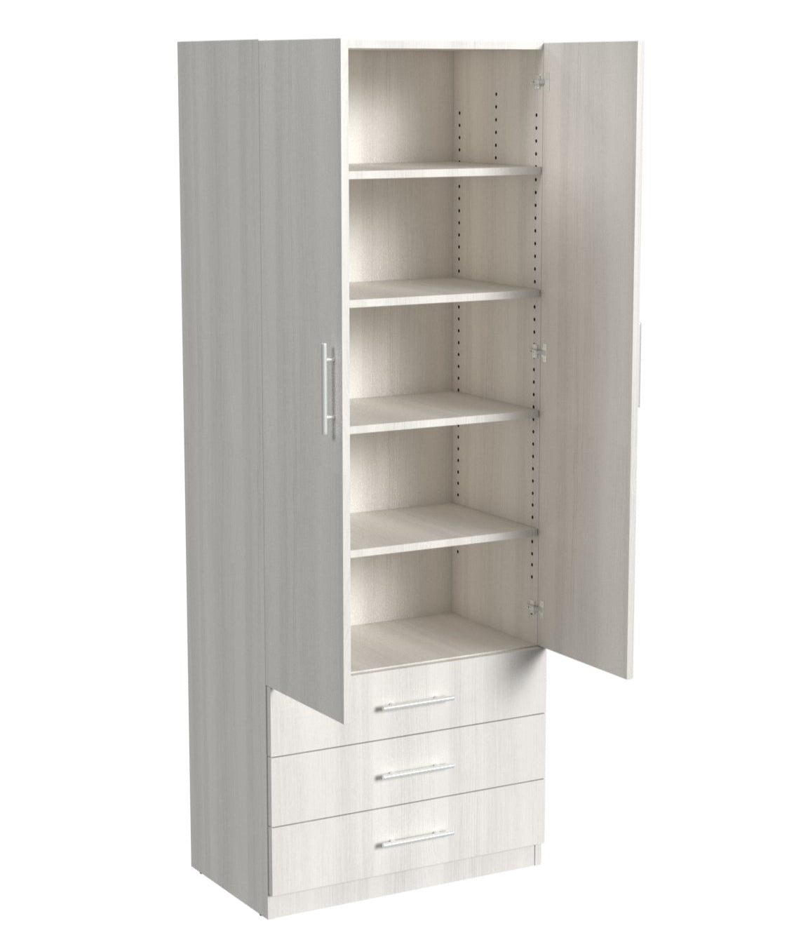 White wardrobe with open doors on a white background
