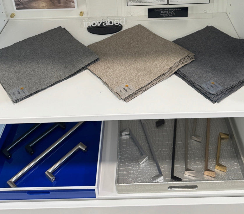 fabric and handle samples on a shelf