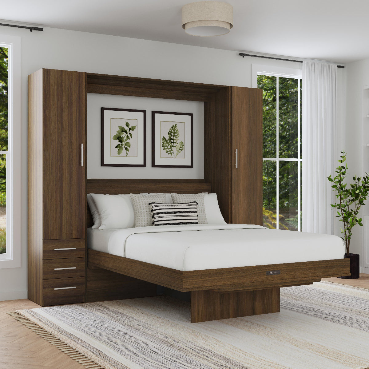 Murphy bed with desk, open, with cabinets on side