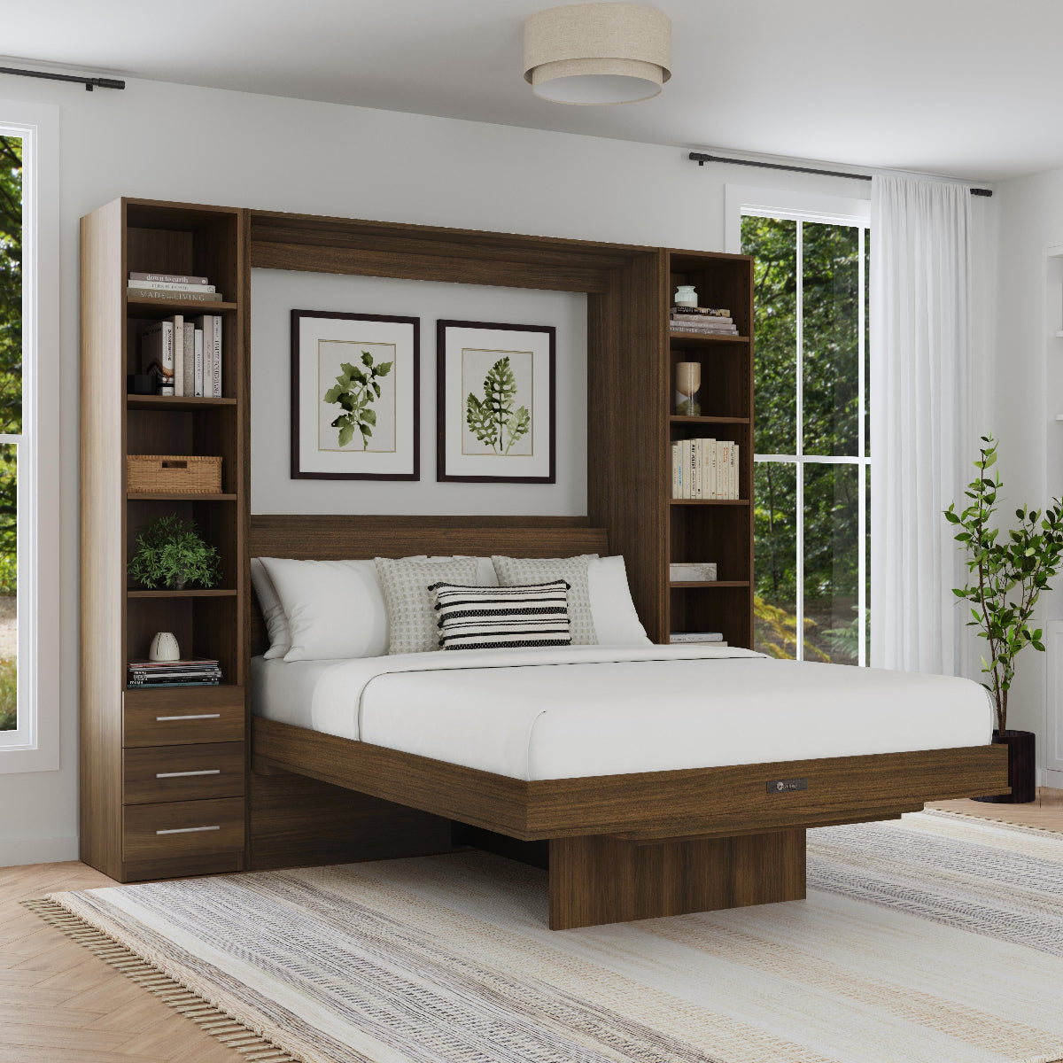 Murphy bed with desk, open, with cabinets on side