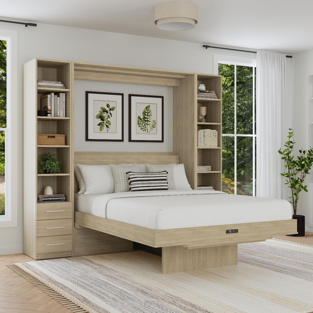 Murphy bed with desk, open, with cabinets on side