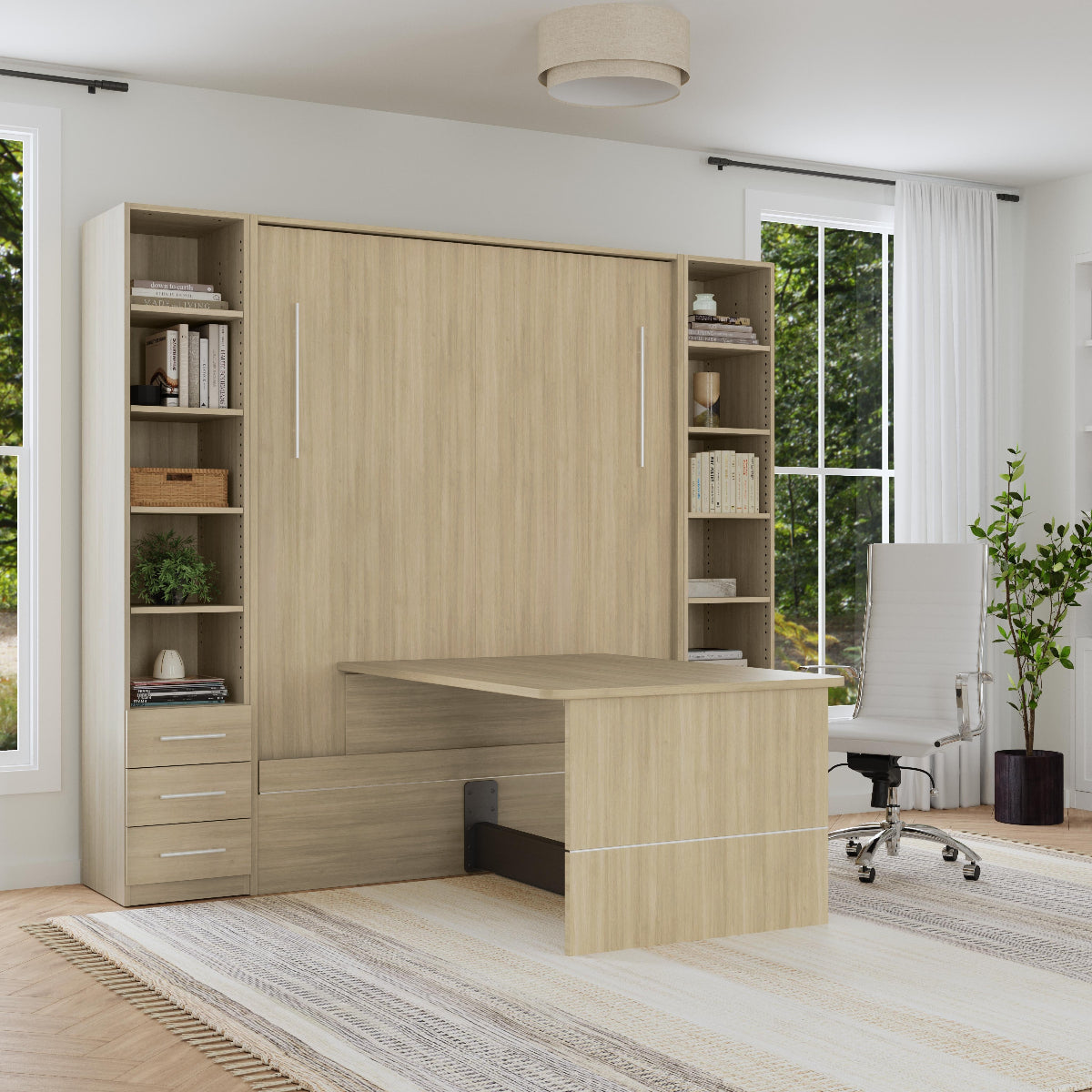 Murphy bed with desk, with cabinets on side