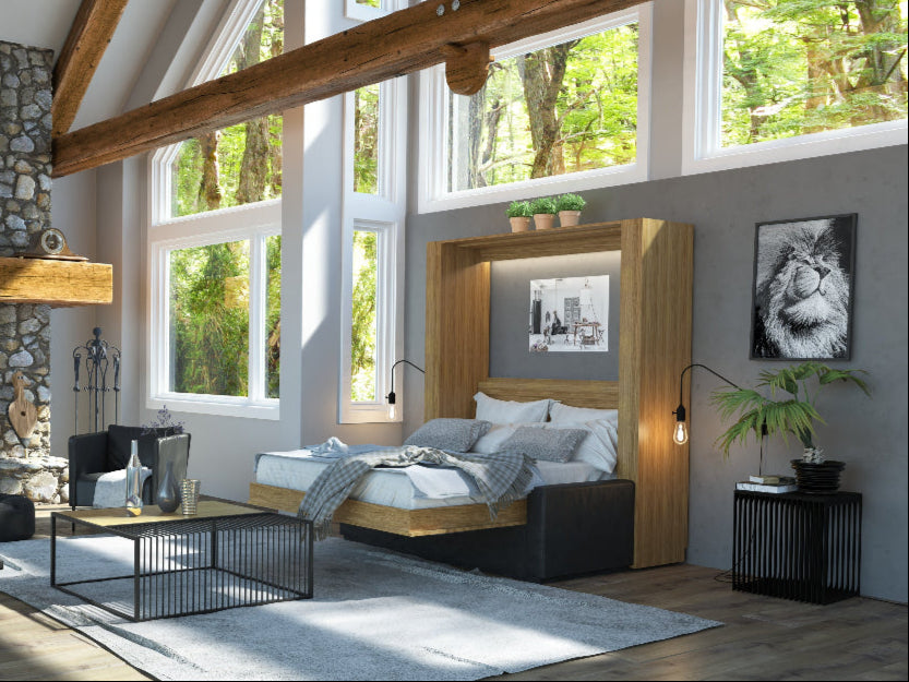 oak sofa wall bed in a cabin