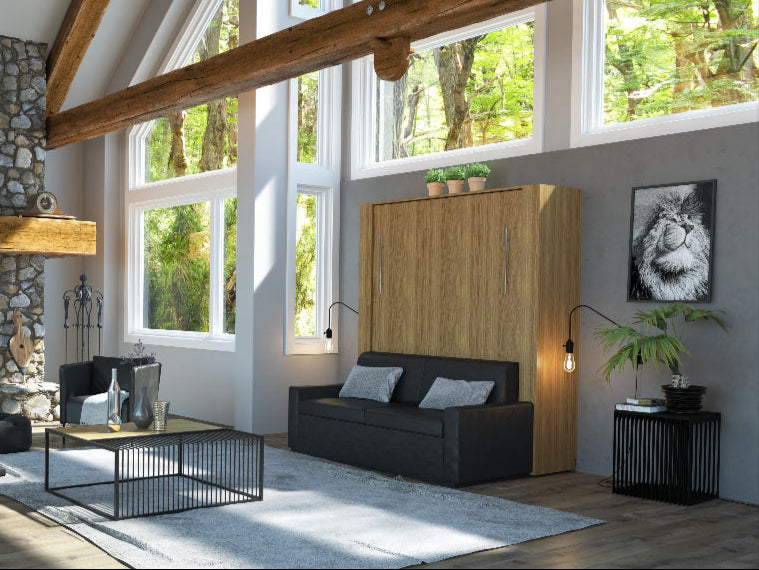 oak sofa wall bed in a cabin