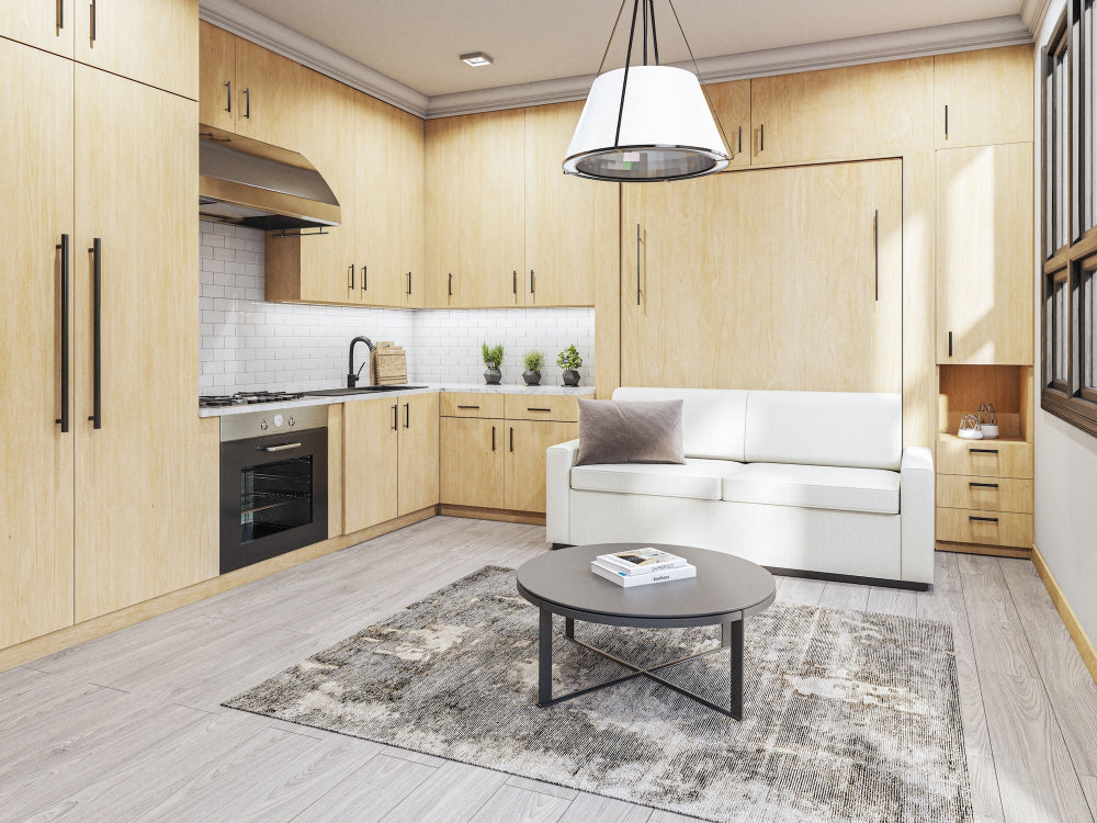 oak murphy bed in a kitchenette setting