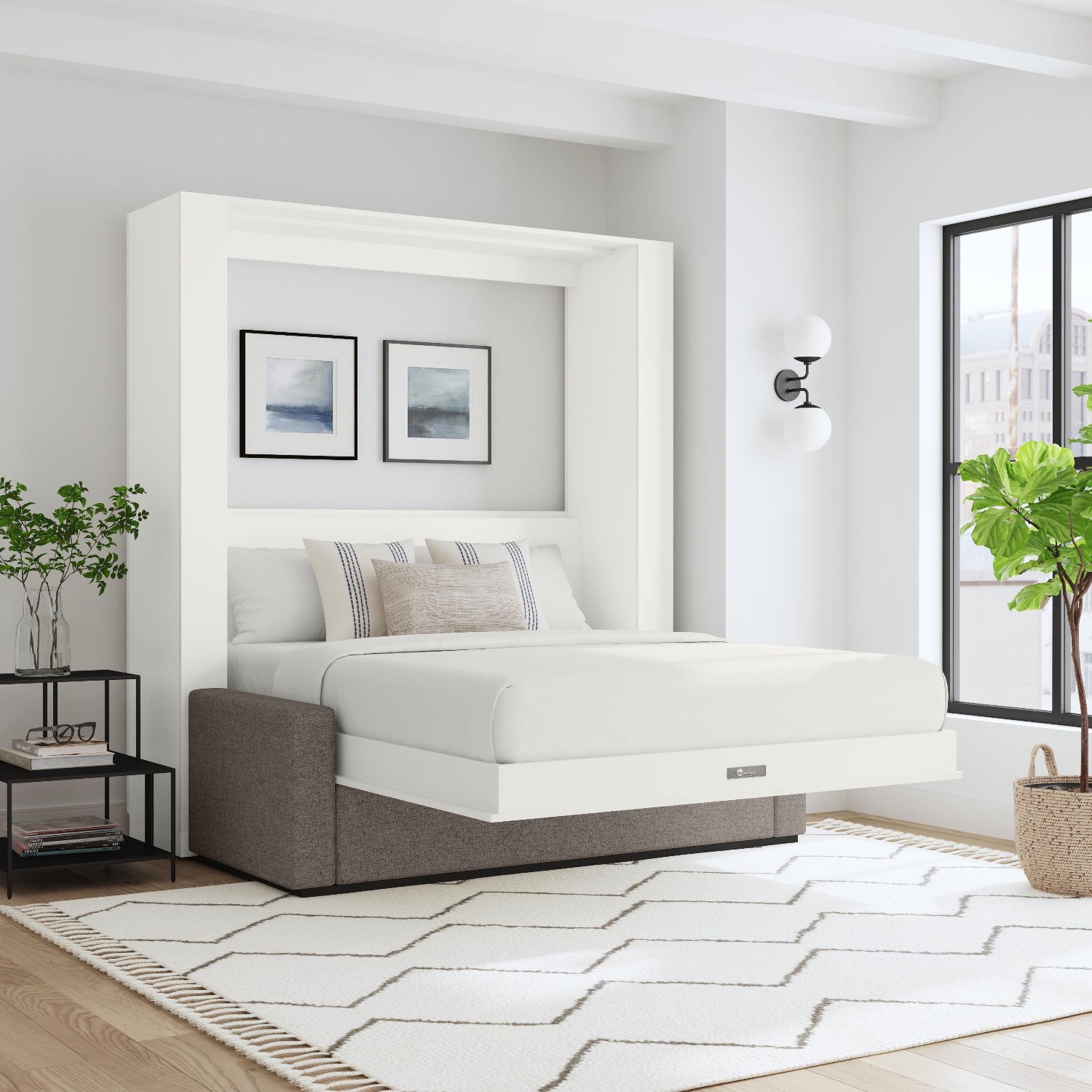 A Murphy bed with a sofa on top and two nightstands in a neatly arranged living space, featuring a white wall bed, beige sofa, and brown nightstands with white drawers.