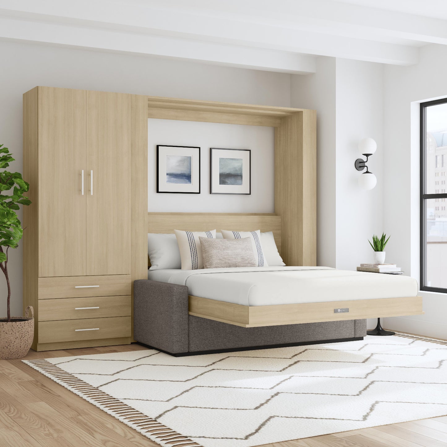 A Murphy Bed with a sofa in front of it, convertible into a bed, with a large storage cabinet on the side in a room setting with a modern decor.