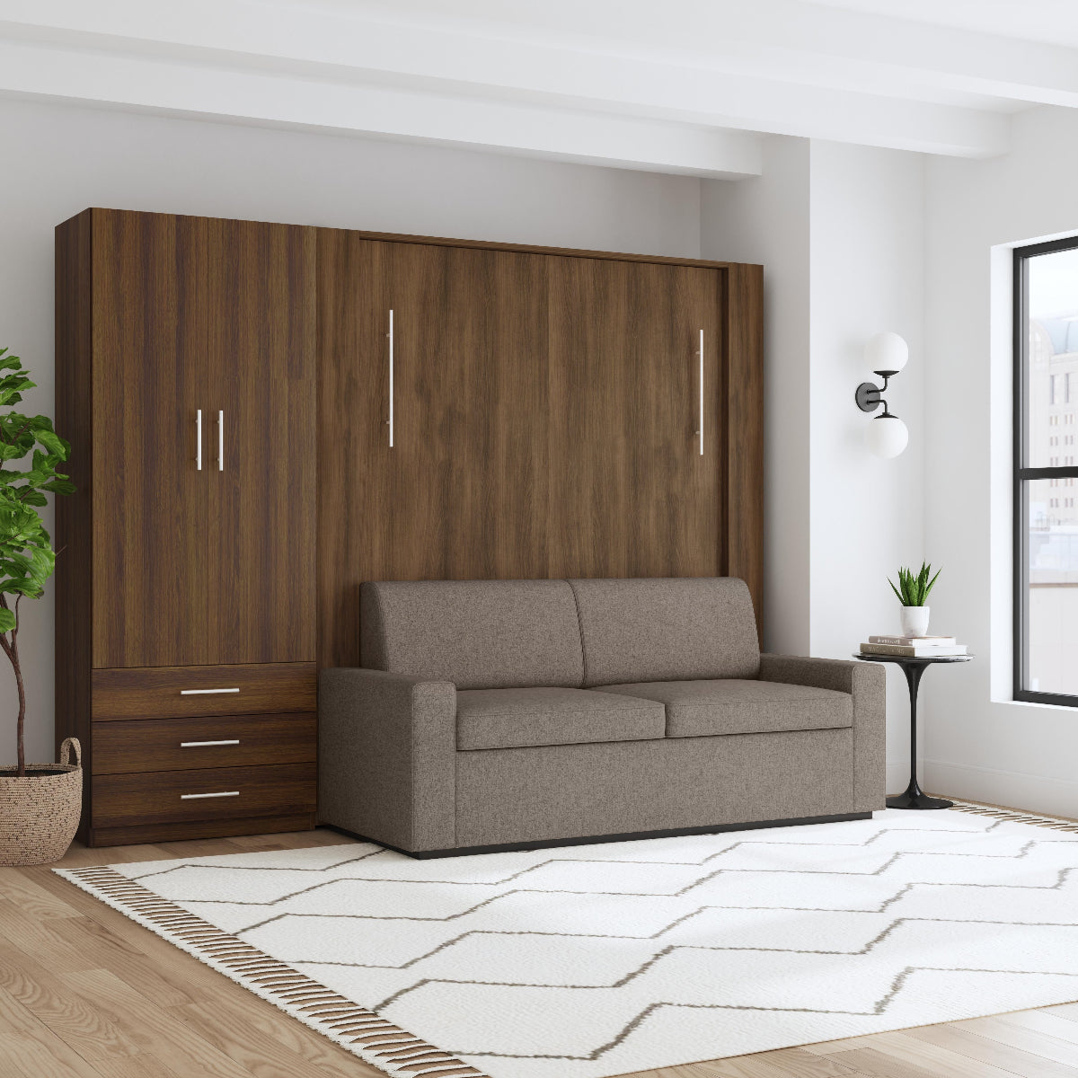 Sofa Wall Bed in dark wood with side cabinet