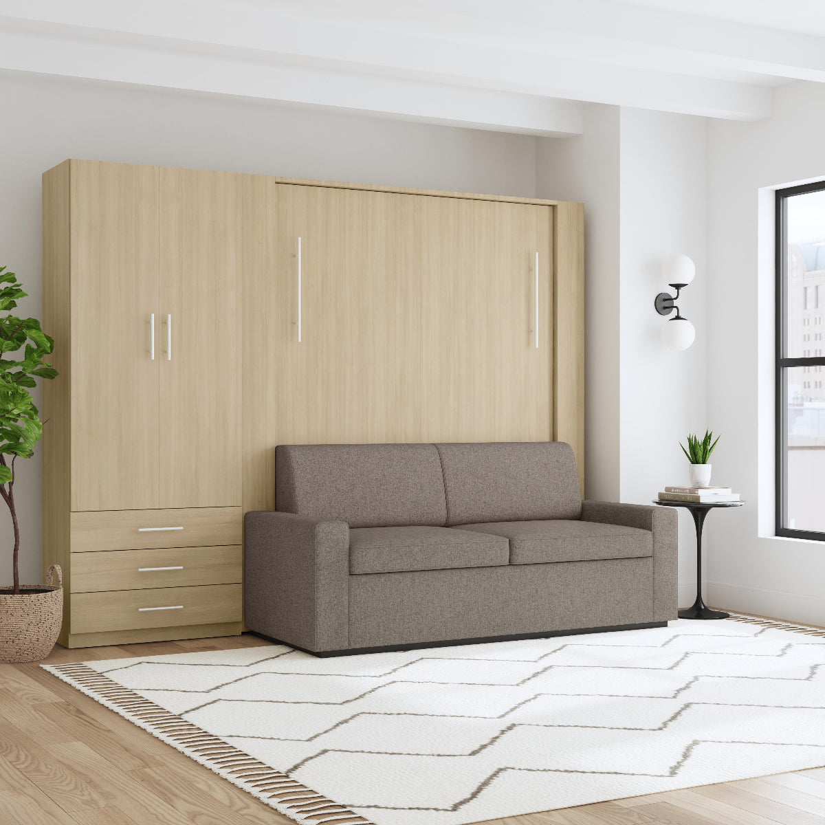 oak murphy bed with sofa