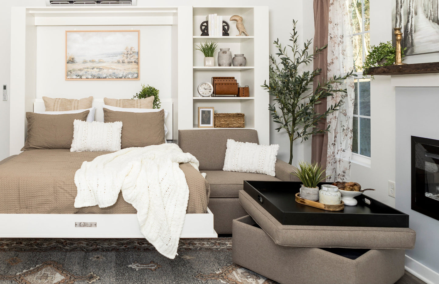 Murphy bed in beige fabric with ottoman