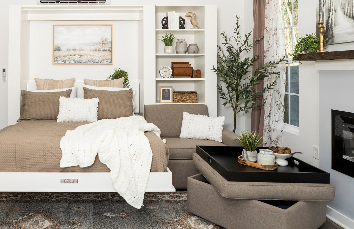 Murphy bed in beige fabric with ottoman