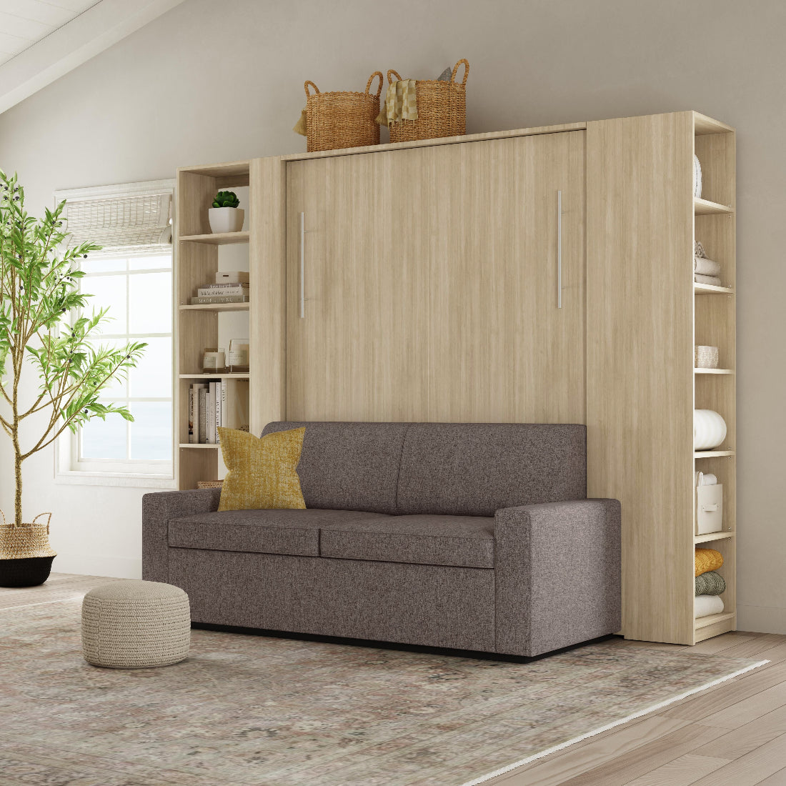 Murphy bed with couch, oak wood, and two bookcases.