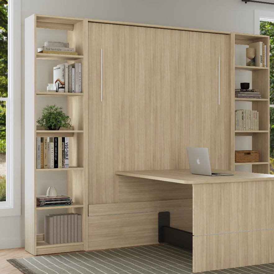 Murphy bed with desk and bookcases in oak