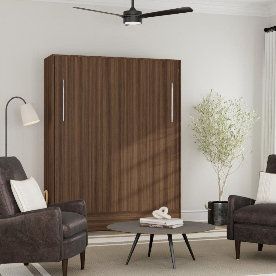 Modern living room with brown armchairs, a coffee table, and a wood murphy bed.