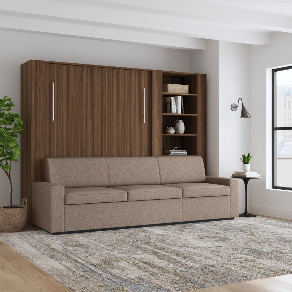 Murphy bed with extended sofa in walnut and beige