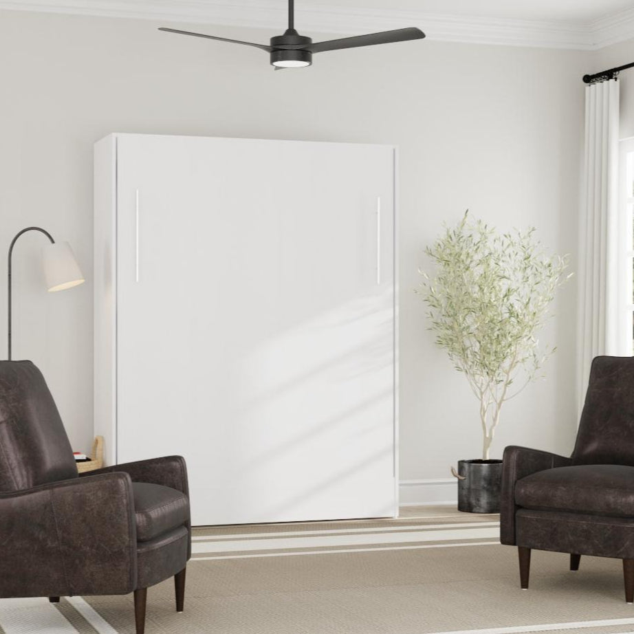 Modern living room with two brown armchairs, a white wall, and decorative elements.