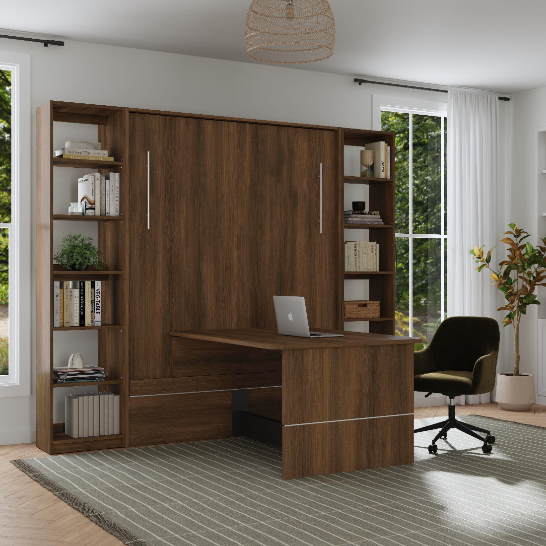 walnut murphy bed with desk, and bookcases on both sides.