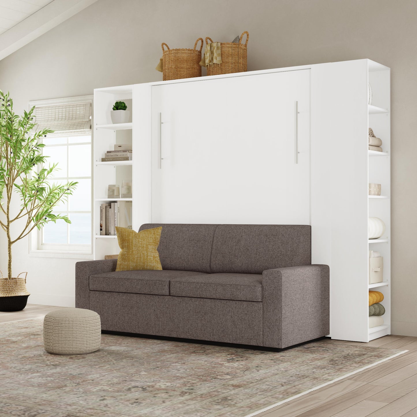 White sofa wall bed with bookcases