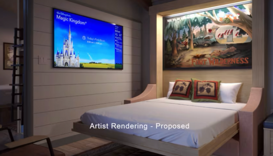 Disney shares opening date and details about new Fort Wilderness Resort cabins including renderings of Inovabed Wall Bed with Sofa