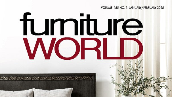 Cover of 'Furniture World' magazine featuring a bedroom setup with a bed and nightstands.