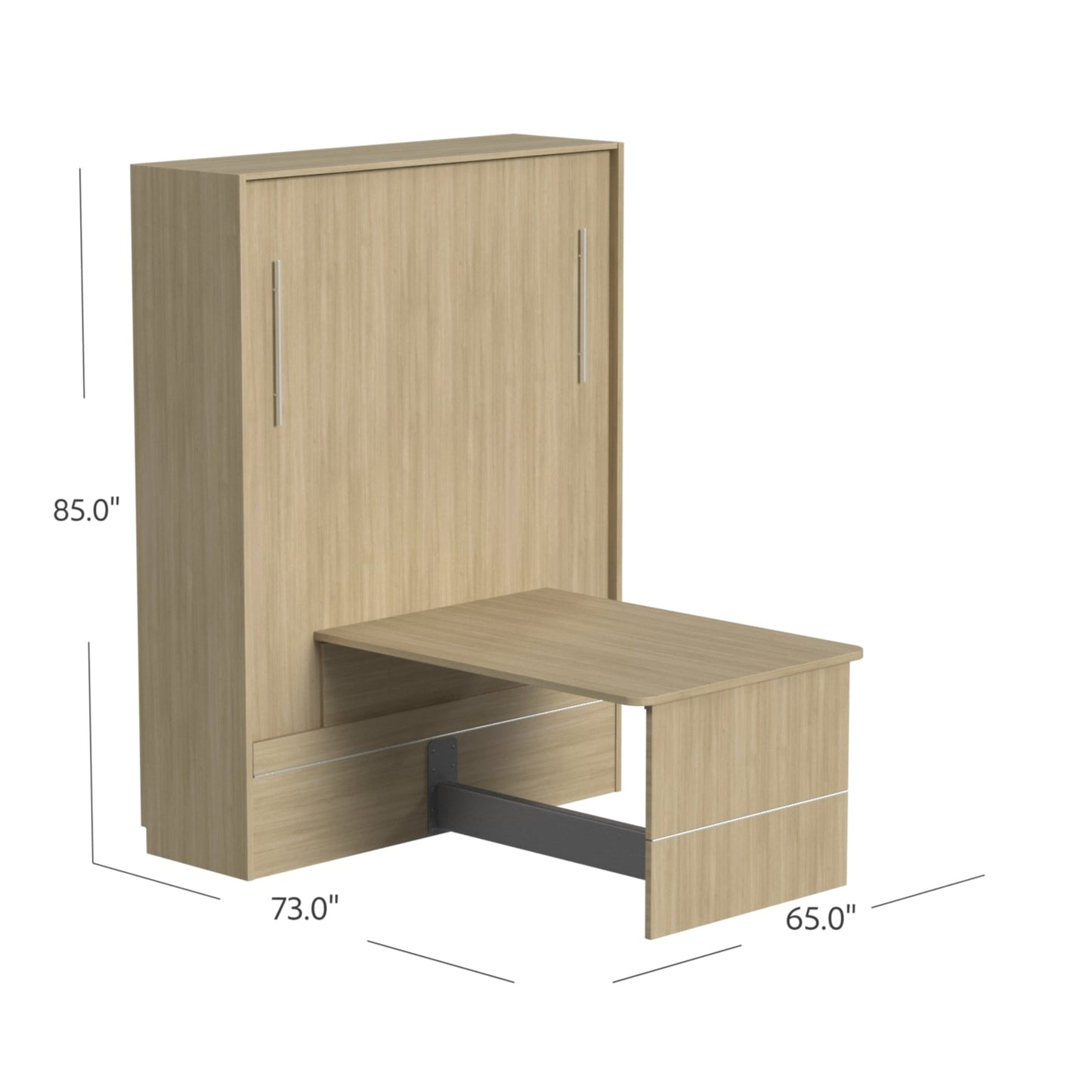 Wooden murphy bed desk with dimensions labeled on a white background