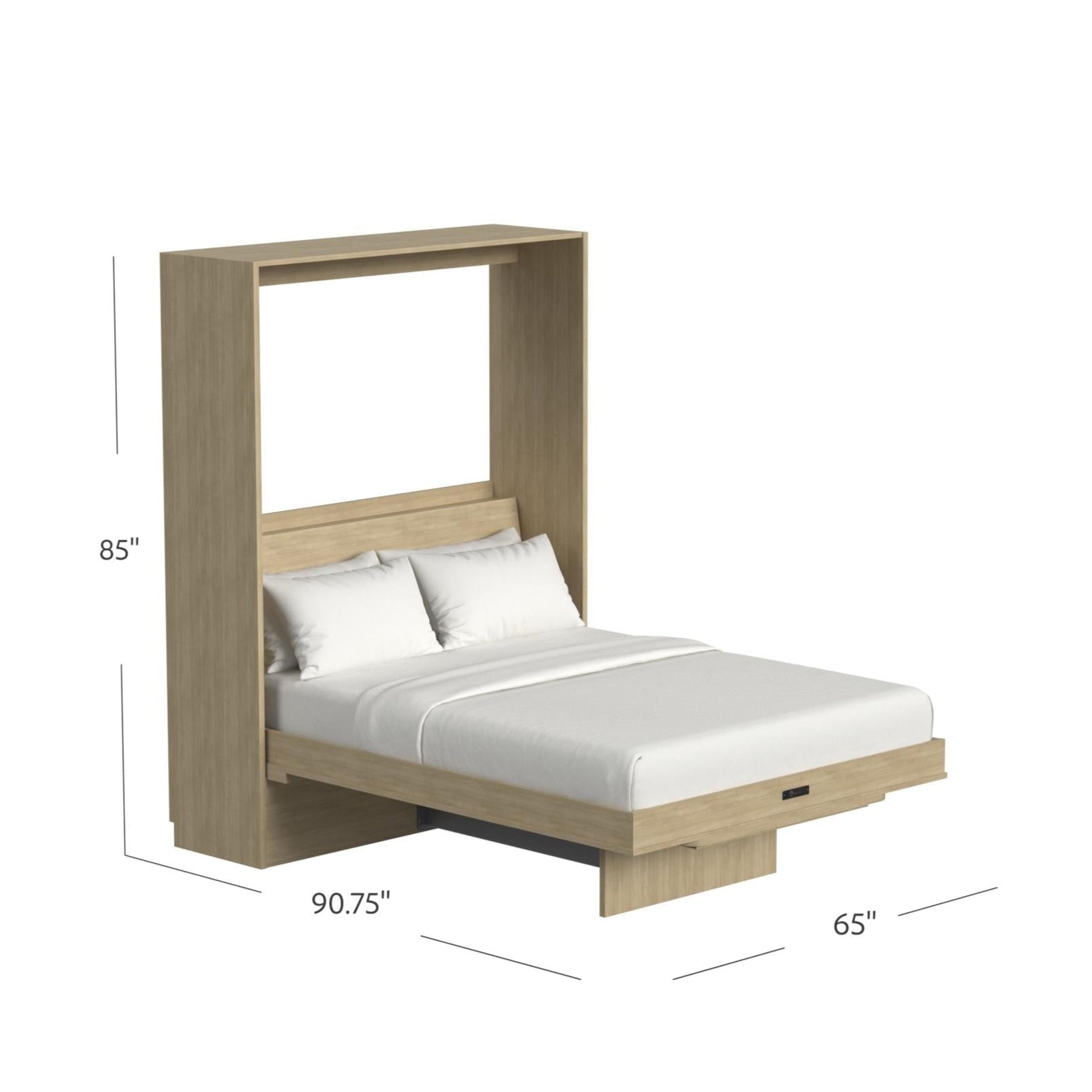 Wooden Murphy bed with dimensions labeled on a white background