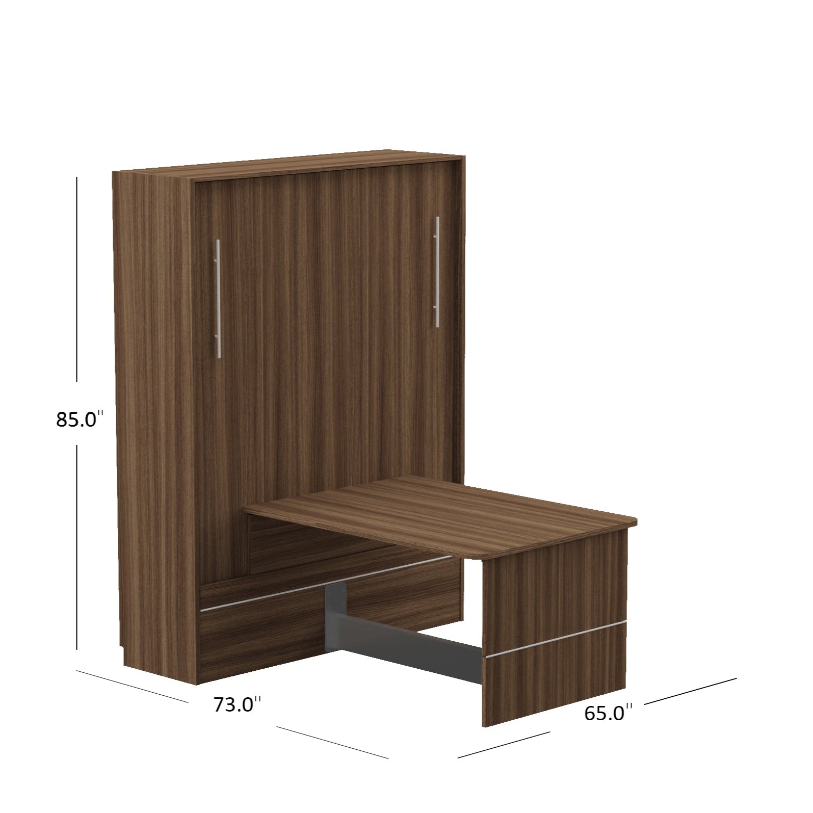 Wooden wall bed with desk with dimensions labeled on a white background