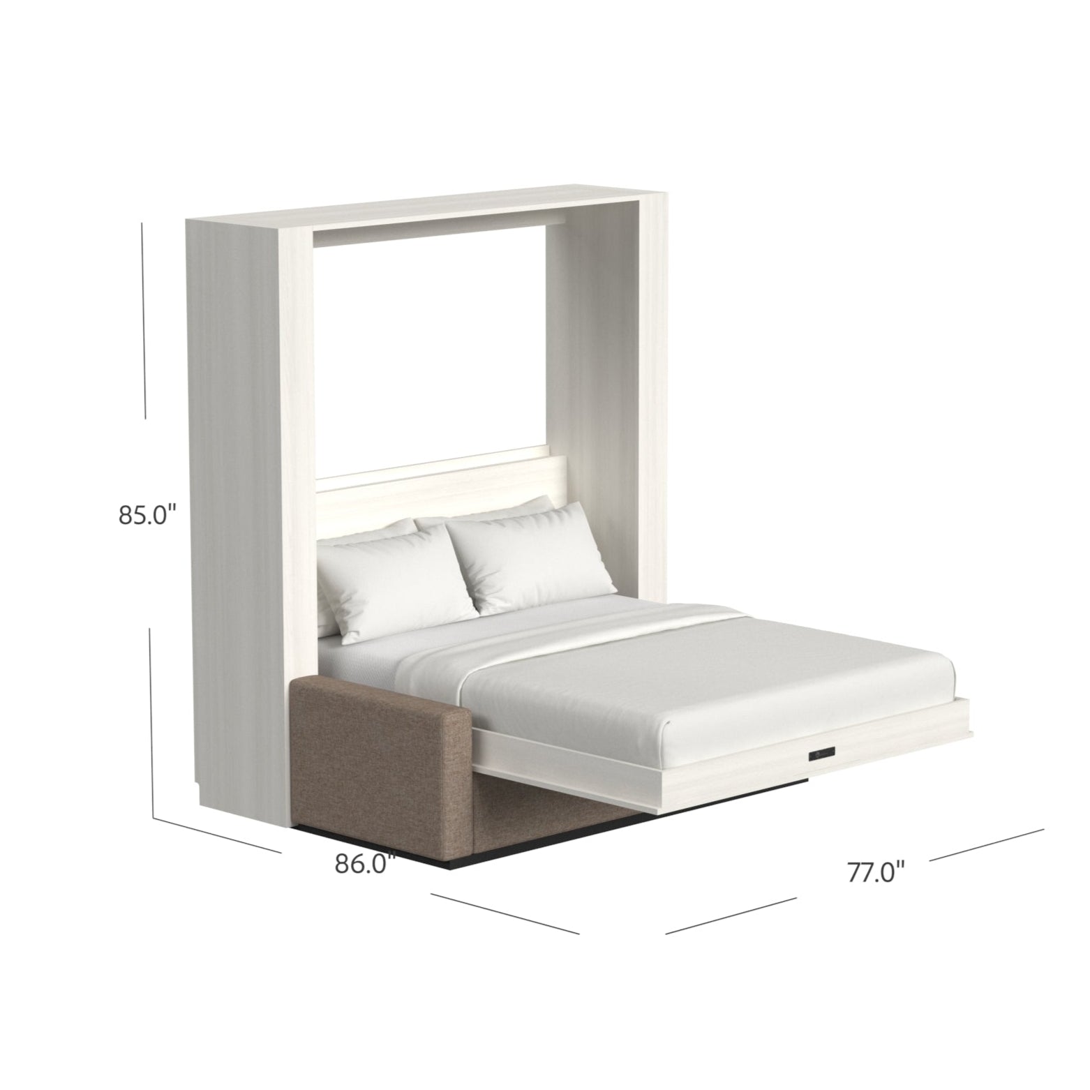 Wall-mounted bed with dimensions displayed on a white background
