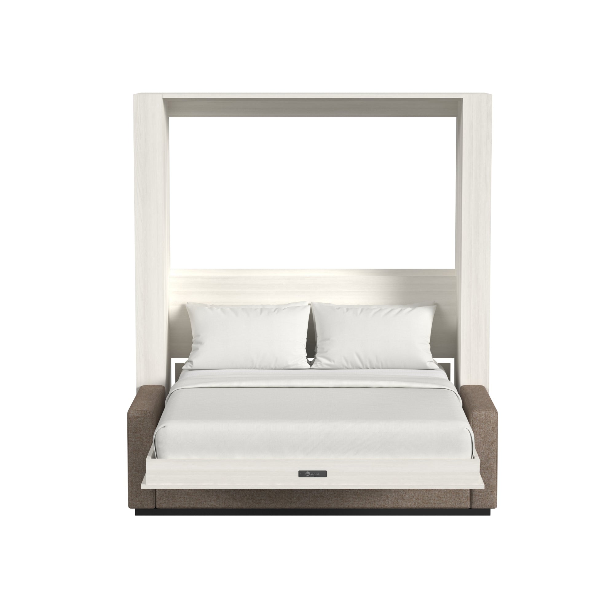 Modern bed with white bedding and pillows on a white background