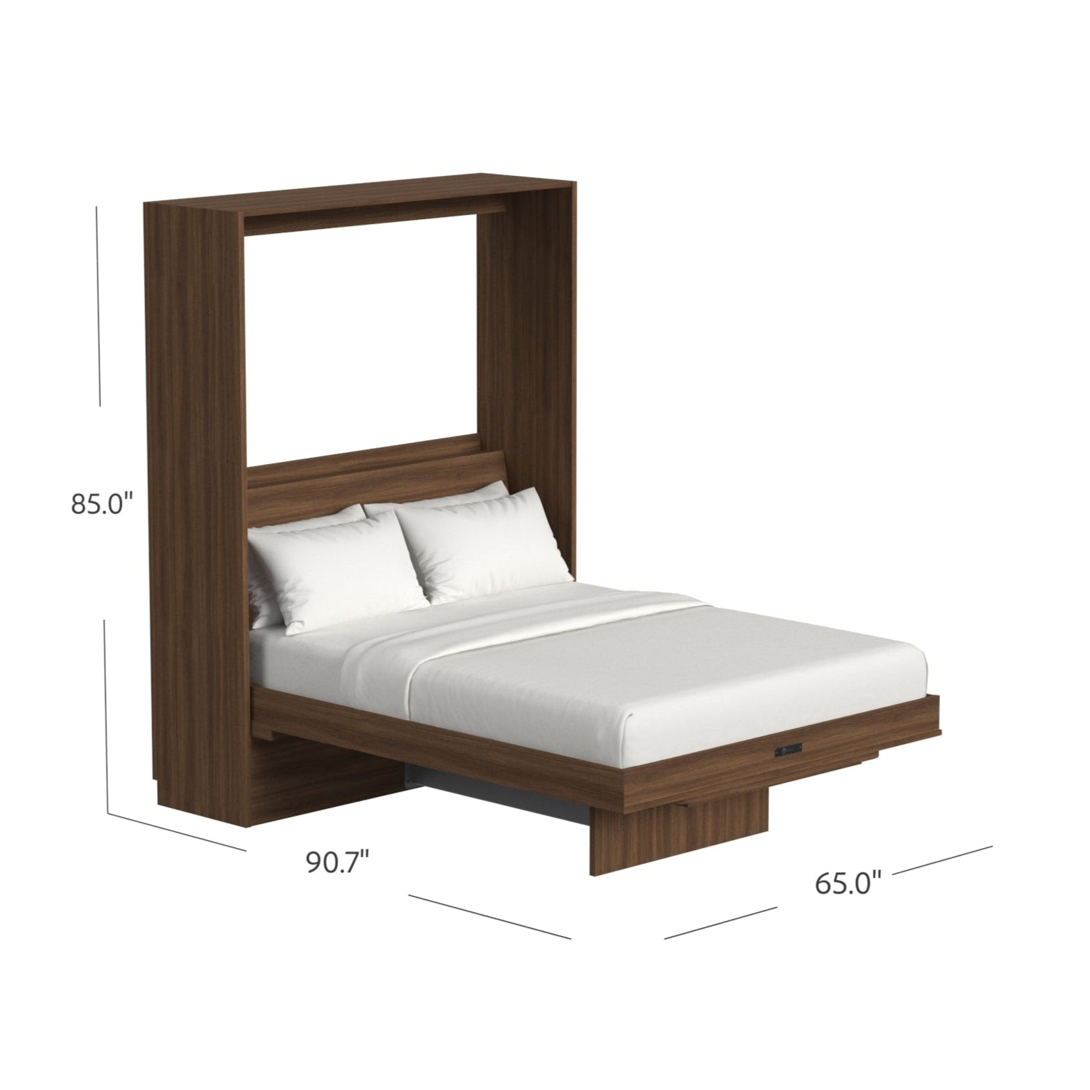 Wooden murphy bed with dimensions displayed on a white background