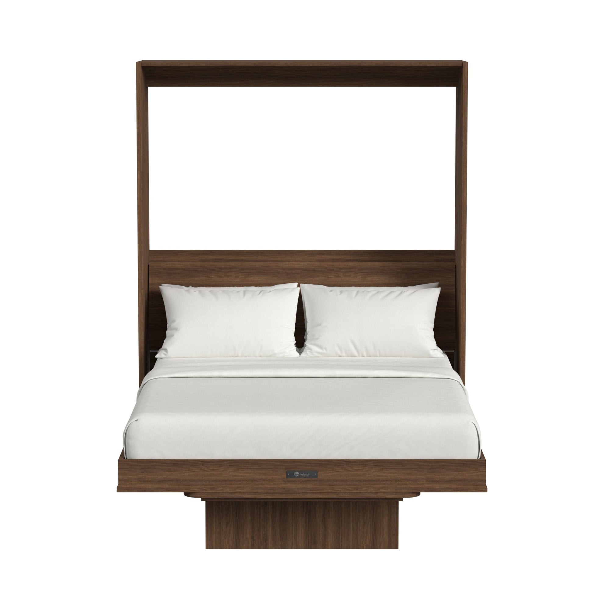 Wooden murphy bed with white mattress and pillows on a white background